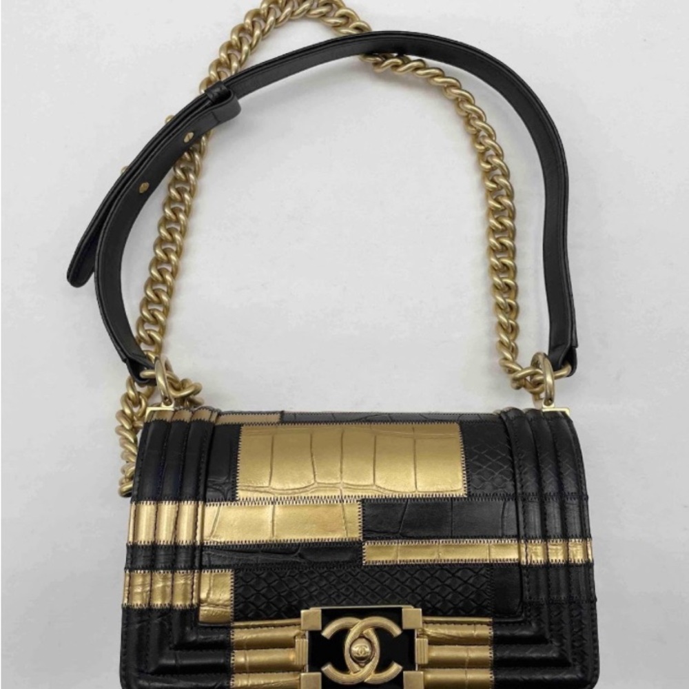 Chanel Crocodile Python Calfskin Embossed Small Boy Flap Black Gold